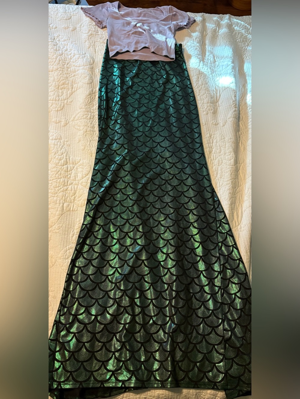 Mermaid Costume- Iridescent Green Mermaid-Scale Maxi Skirt and Purple Top